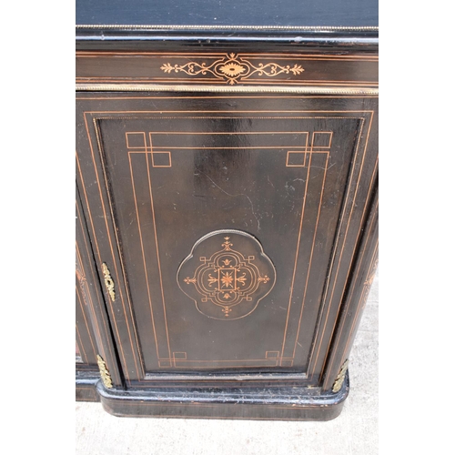 298 - Victorian ebonised aesthetic movement credenza sideboard with brass fixtures with a central display ... 