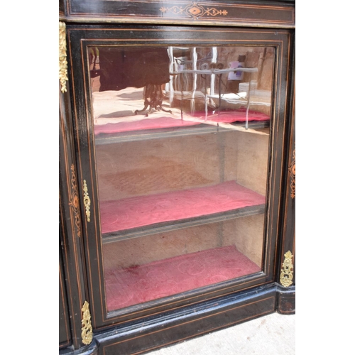 298 - Victorian ebonised aesthetic movement credenza sideboard with brass fixtures with a central display ... 