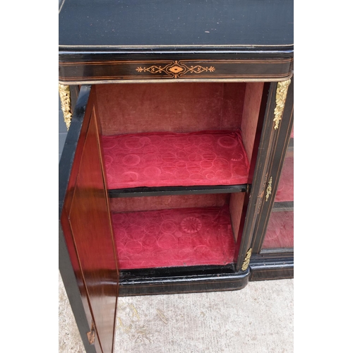 298 - Victorian ebonised aesthetic movement credenza sideboard with brass fixtures with a central display ... 