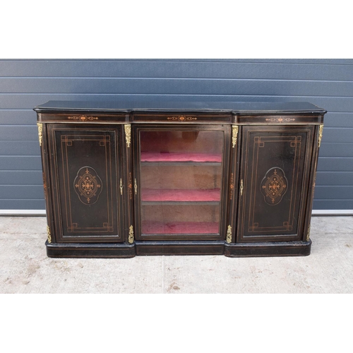 298 - Victorian ebonised aesthetic movement credenza sideboard with brass fixtures with a central display ... 