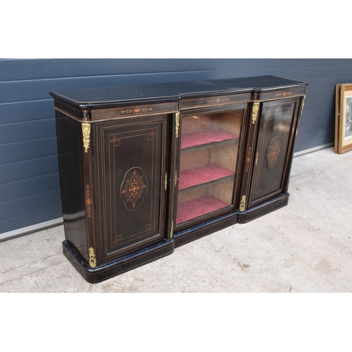 298 - Victorian ebonised aesthetic movement credenza sideboard with brass fixtures with a central display ... 