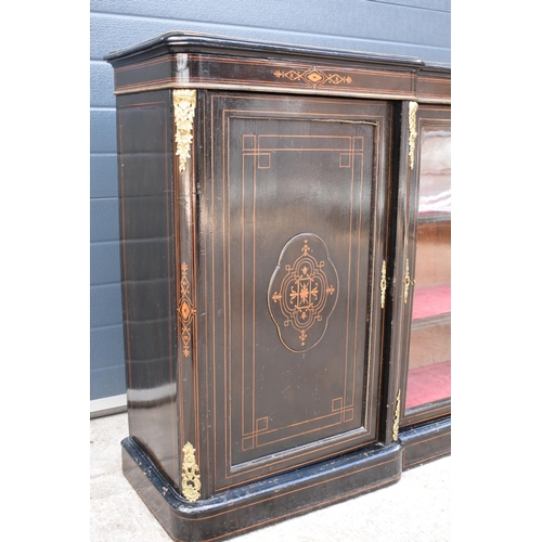 298 - Victorian ebonised aesthetic movement credenza sideboard with brass fixtures with a central display ... 