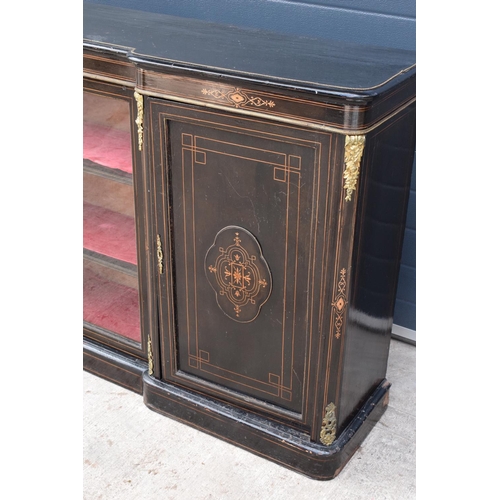 298 - Victorian ebonised aesthetic movement credenza sideboard with brass fixtures with a central display ... 