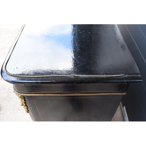 298 - Victorian ebonised aesthetic movement credenza sideboard with brass fixtures with a central display ... 