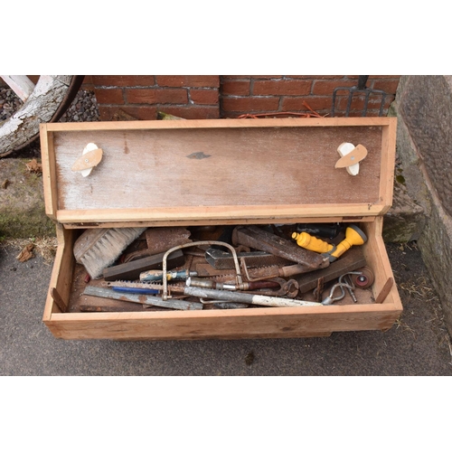 301F - A wooden 20th century tool chest to include the contents including tools etc. NO POSTAGE.