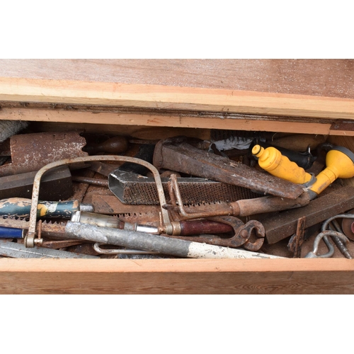 301F - A wooden 20th century tool chest to include the contents including tools etc. NO POSTAGE.