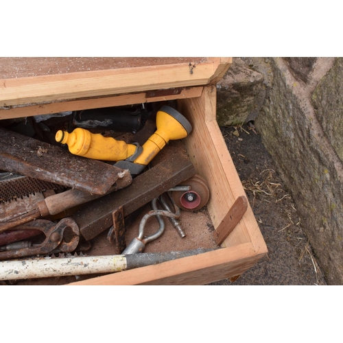 301F - A wooden 20th century tool chest to include the contents including tools etc. NO POSTAGE.