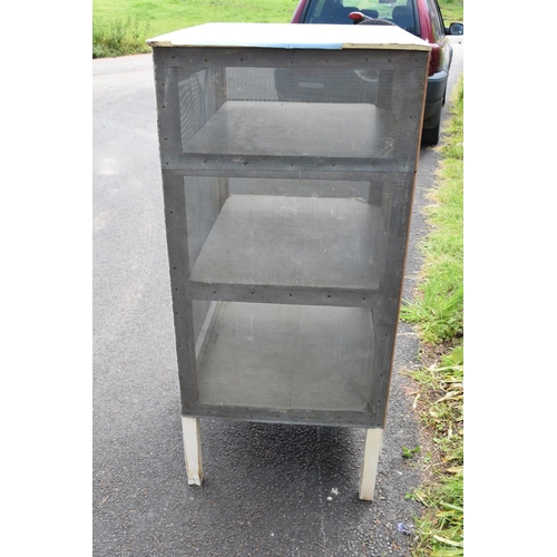 303 - A large 20th century free standing wooden meat safe/ food safe with metal mesh. 74 x 63 x 137cm. Mes... 