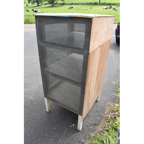 303 - A large 20th century free standing wooden meat safe/ food safe with metal mesh. 74 x 63 x 137cm. Mes... 