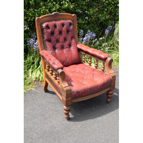 304 - Late Victorian walnut gentleman's Chesterfield style library chair with button back leather upholste... 