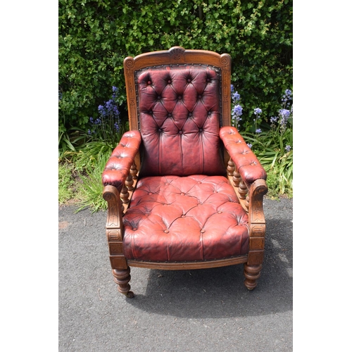 304 - Late Victorian walnut gentleman's Chesterfield style library chair with button back leather upholste... 