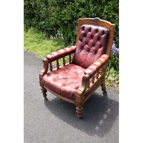 304 - Late Victorian walnut gentleman's Chesterfield style library chair with button back leather upholste... 