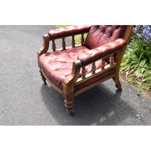 304 - Late Victorian walnut gentleman's Chesterfield style library chair with button back leather upholste... 