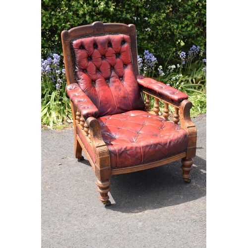 305 - Late Victorian walnut gentleman's Chesterfield style library chair with button back leather upholste... 