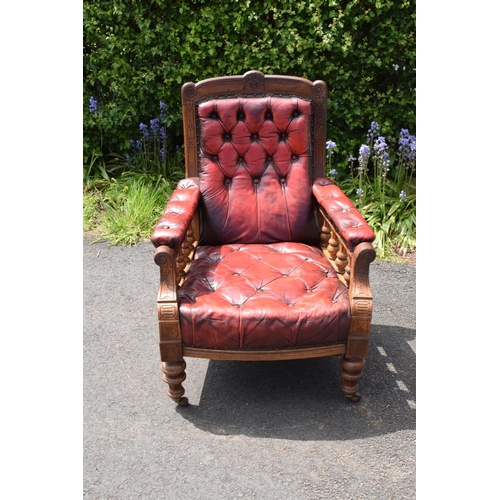 305 - Late Victorian walnut gentleman's Chesterfield style library chair with button back leather upholste... 