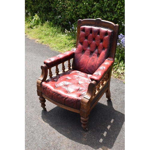 305 - Late Victorian walnut gentleman's Chesterfield style library chair with button back leather upholste... 