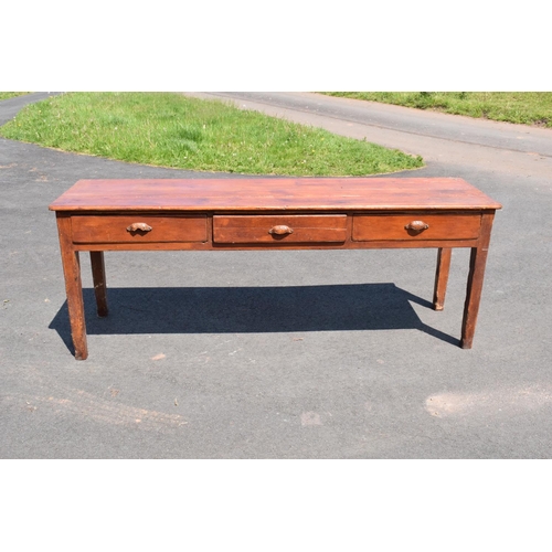 306 - 19th century stained pine farmhouse kitchen serving or preparation side table with 3 drawers. 208 x ... 