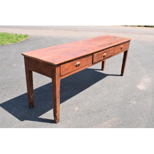 306 - 19th century stained pine farmhouse kitchen serving or preparation side table with 3 drawers. 208 x ... 