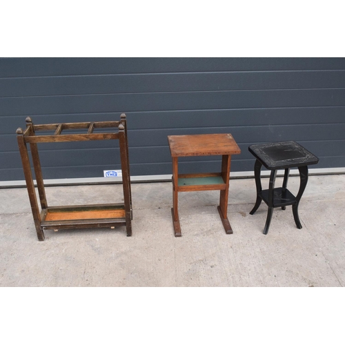 368 - A collection of 20th century furniture to include an umbrella stand with dripping tray and 2 small p... 