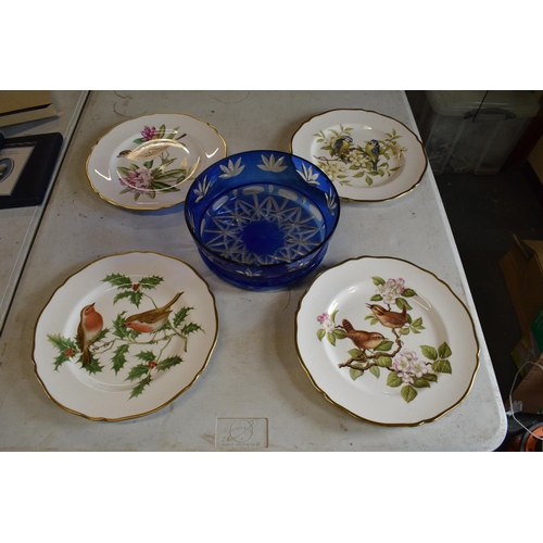 76 - A collection of Spode plates in the British Bird Series design x 4 together with a blue glass bowl i... 