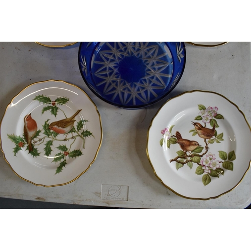 76 - A collection of Spode plates in the British Bird Series design x 4 together with a blue glass bowl i... 