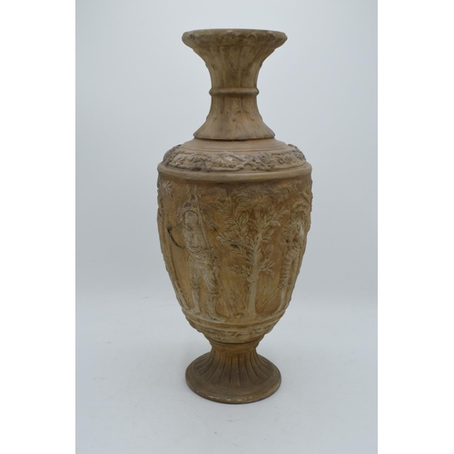 77 - Large continental moulded terracotta style vase depicting medieval or similar scenes, probably made ... 