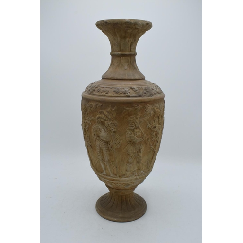 77 - Large continental moulded terracotta style vase depicting medieval or similar scenes, probably made ... 