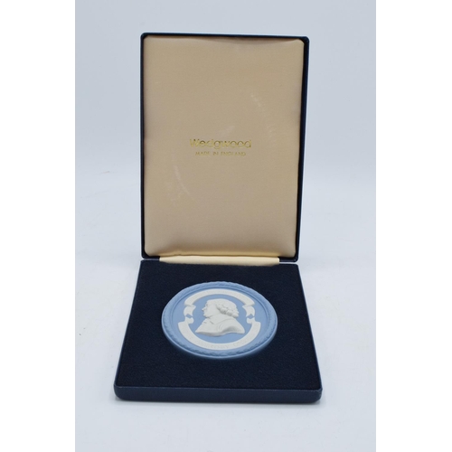 80 - Wedgwood Blue Jasperware oval medallion in presentation case depicting Josiah Wedgwood for the 250 Y... 