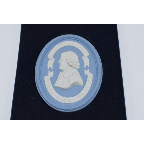 80 - Wedgwood Blue Jasperware oval medallion in presentation case depicting Josiah Wedgwood for the 250 Y... 