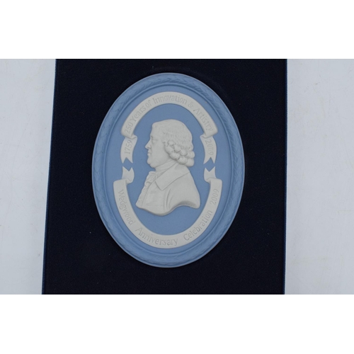 80 - Wedgwood Blue Jasperware oval medallion in presentation case depicting Josiah Wedgwood for the 250 Y... 