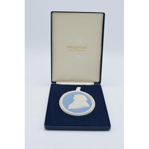 81 - Wedgwood Blue Jasperware oval medallion in presentation case depicting 'The Rt. Hon. Lord Denning' n... 