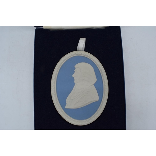 81 - Wedgwood Blue Jasperware oval medallion in presentation case depicting 'The Rt. Hon. Lord Denning' n... 