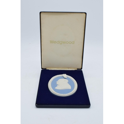 82 - Wedgwood Blue Jasperware oval medallion in presentation case to commemorate the centenary of the bir... 