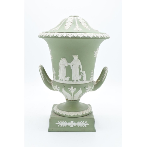 87 - Wedgwood Sage Green Jasperware twin-handled lidded urn (a/f). The main body is generally in good con... 