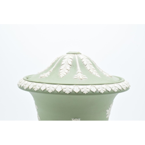 87 - Wedgwood Sage Green Jasperware twin-handled lidded urn (a/f). The main body is generally in good con... 