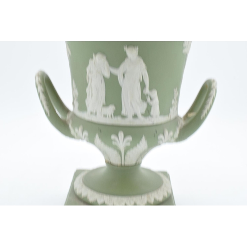 87 - Wedgwood Sage Green Jasperware twin-handled lidded urn (a/f). The main body is generally in good con... 