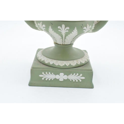 87 - Wedgwood Sage Green Jasperware twin-handled lidded urn (a/f). The main body is generally in good con... 