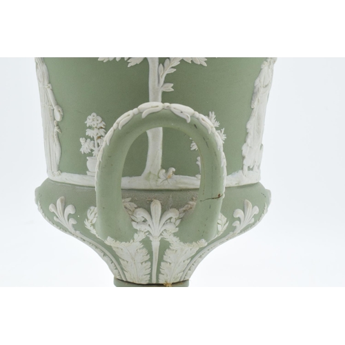 87 - Wedgwood Sage Green Jasperware twin-handled lidded urn (a/f). The main body is generally in good con... 