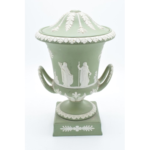 87 - Wedgwood Sage Green Jasperware twin-handled lidded urn (a/f). The main body is generally in good con... 