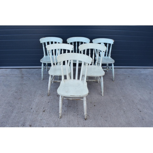 373 - A near matching set of 6 antique style hardwood kitchen chairs painted in a shabby chic style (6). A... 