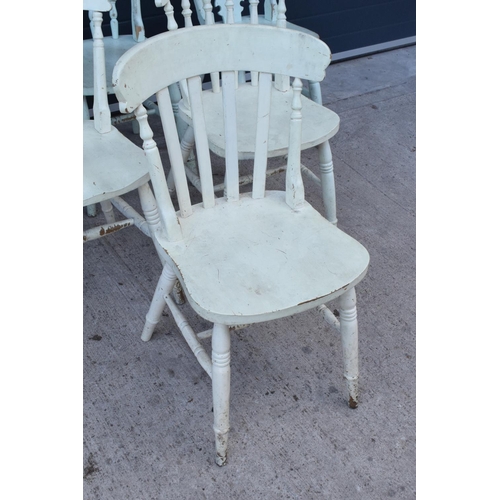 373 - A near matching set of 6 antique style hardwood kitchen chairs painted in a shabby chic style (6). A... 