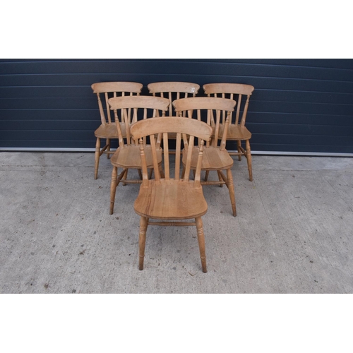 375 - A set of 6 matching antique style hardwood kitchen chairs with straight backs (6). 83cm tall. Set 1.... 