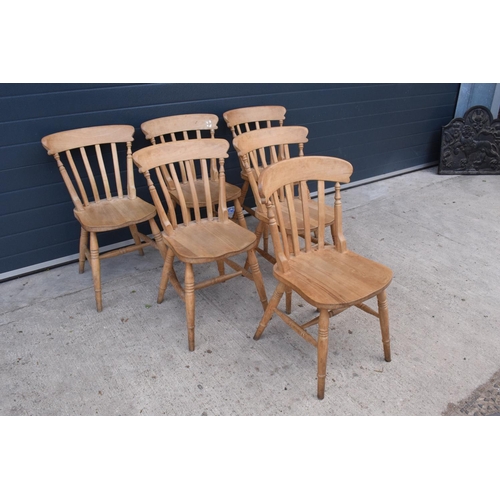 375 - A set of 6 matching antique style hardwood kitchen chairs with straight backs (6). 83cm tall. Set 1.... 