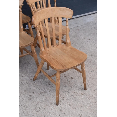 375 - A set of 6 matching antique style hardwood kitchen chairs with straight backs (6). 83cm tall. Set 1.... 