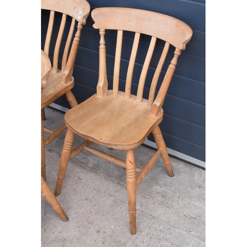 375 - A set of 6 matching antique style hardwood kitchen chairs with straight backs (6). 83cm tall. Set 1.... 