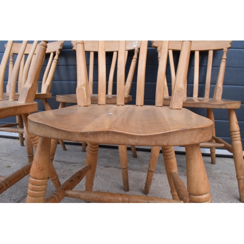 375 - A set of 6 matching antique style hardwood kitchen chairs with straight backs (6). 83cm tall. Set 1.... 