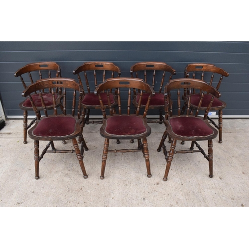 380 - A collection of late 20th century upholstered wooden carver style pub / restaurant chairs (7). 79cm ... 