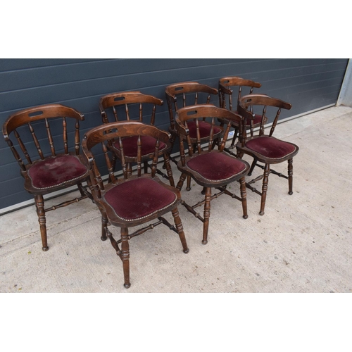 380 - A collection of late 20th century upholstered wooden carver style pub / restaurant chairs (7). 79cm ... 