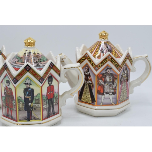 80E - A collection of James Sadler octagonal teapots to include The Tower of London, The Battle of Agincou... 