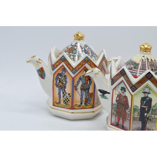 80E - A collection of James Sadler octagonal teapots to include The Tower of London, The Battle of Agincou... 